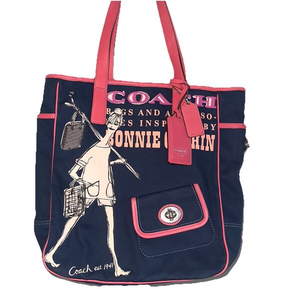 Y2K Vintage Coach Bonnie Cashin Tote Bag Handbag Canvas Blue Pink Leather CLEANN - Picture 1 of 12